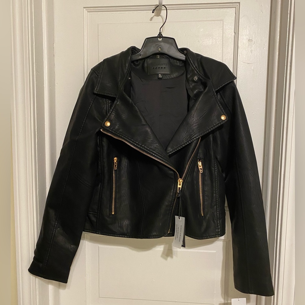 MOTO Leather Jacket with Removable HOOD & Zipper details; snap buttons on collar